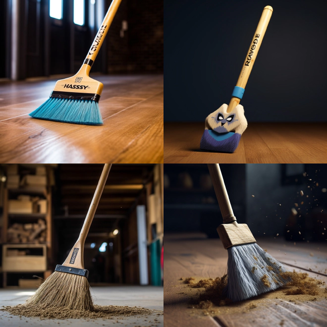 Four somewhat photorealistic AI-generated images of brooms.