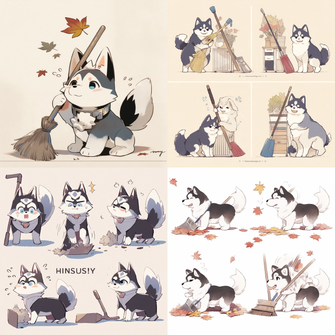 Four anime-style AI-generated images of huskies with brooms.