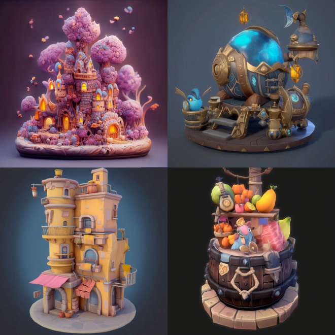 Four strange interpretations of the prompt. The concept of house is pretty loose, and any sign of a canoe is missing entirely.