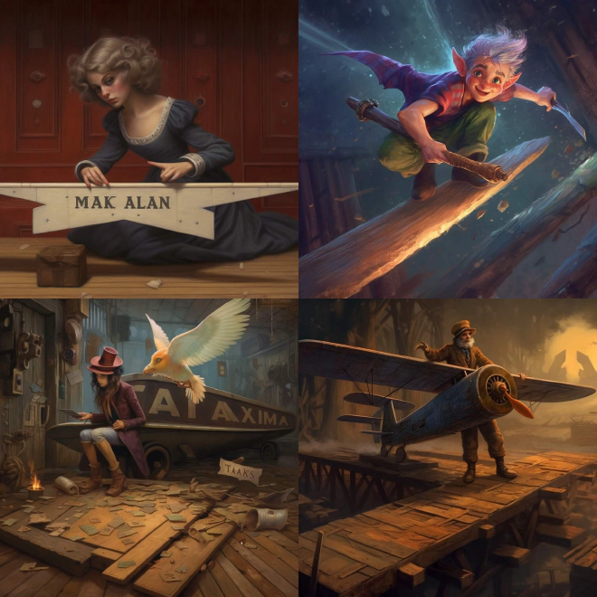Four AI interpretations of the ‘magic, flaws, plane, plank’ prompt.