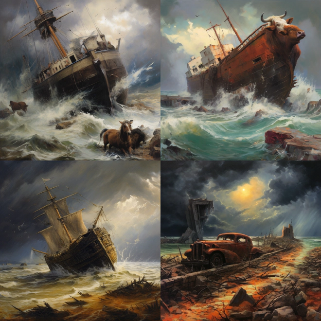 Four AI interpretations of the ‘wreck, storm, shorn’ prompt.