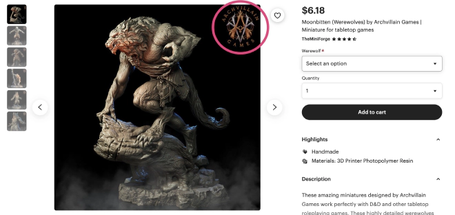 A screenshot of a very wolfy resin miniature from The Mini Forge, an Etsy shop.