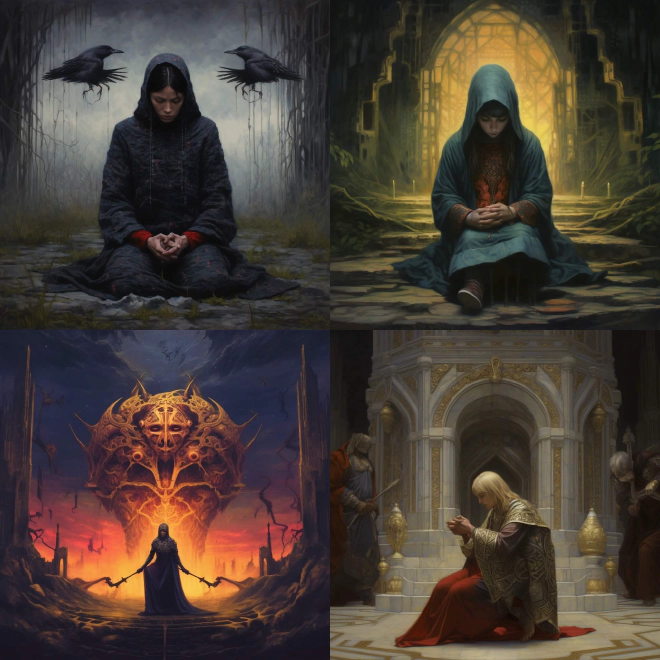 Four AI-generated images, with a religious tone, generated by the prompt kneel.