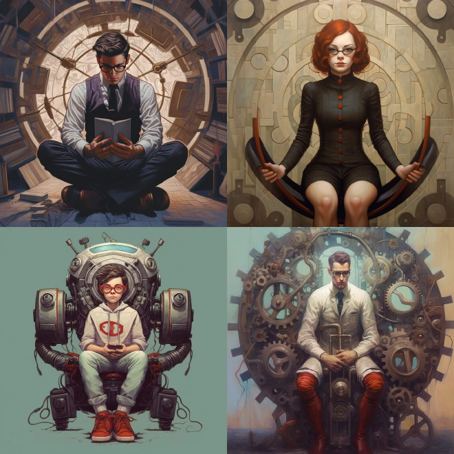 Four AI-generated images, similar to the previous set, except with one feminine person.