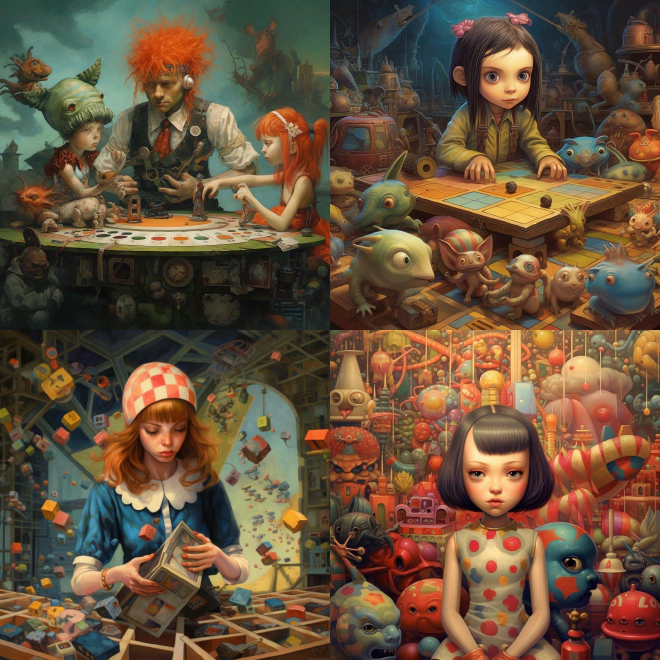 Four AI-generated images of unhappy kids surrounded by games, toys, and monsters.