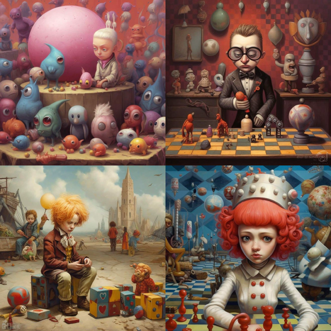 Four more AI-generated images of unhappy kids surrounded by games, toys, and monsters.