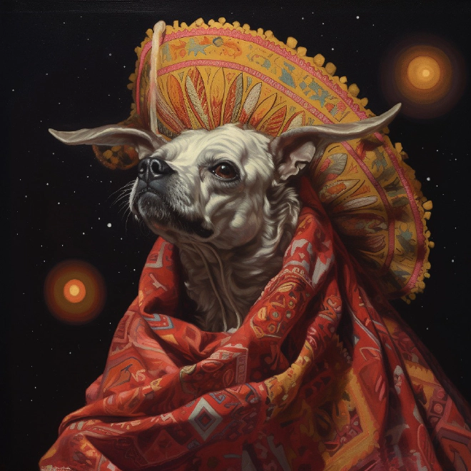 A cute dog wrapped in a blanket, in space.