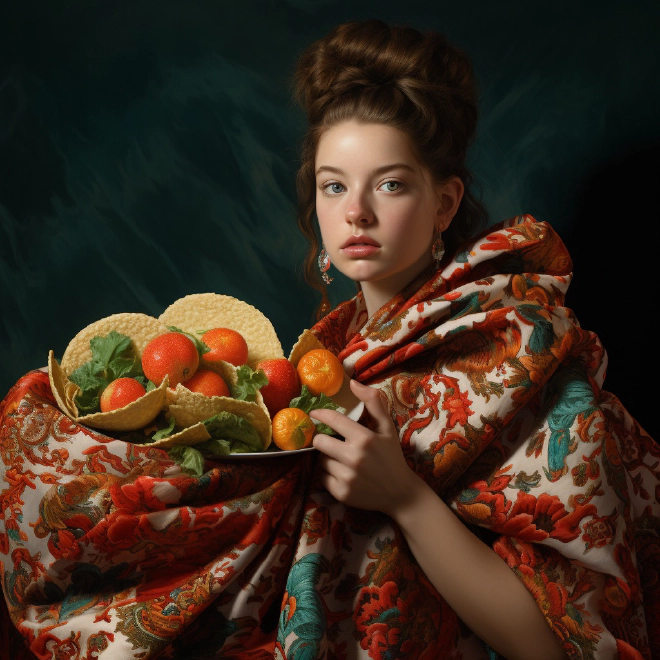 A woman wrapped in a blanket, with food.