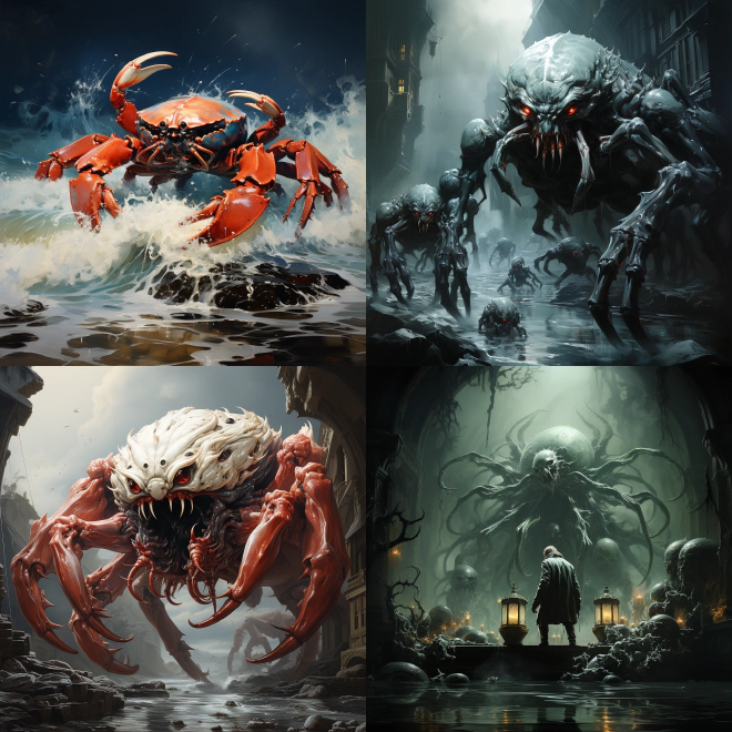 Four more AI generated images of crab monsters.