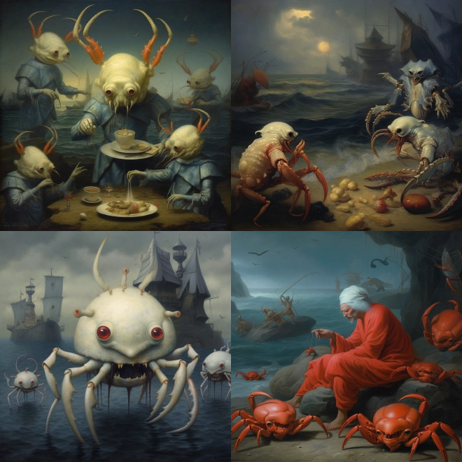 Four AI generated images of crab monsters.