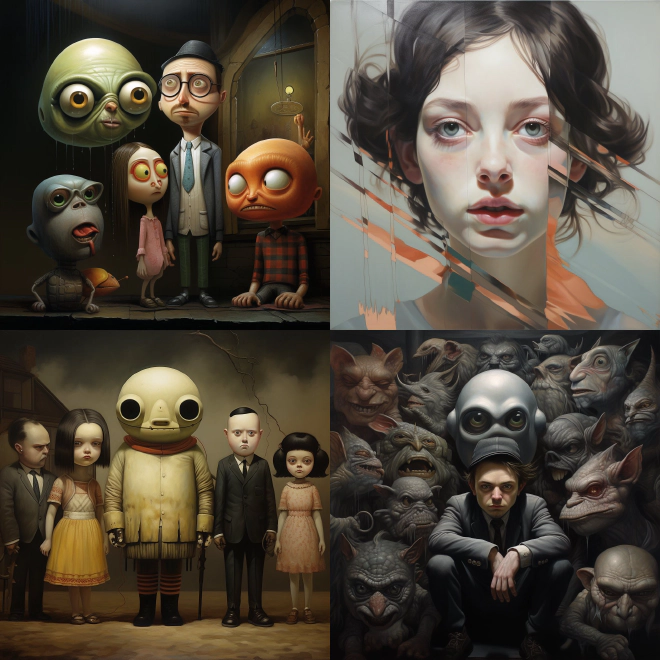 Four very different iterations of the prompt. Upper-left: A cartoony group a la Pixar. Upper right: A slightly abstract portrait of a young person. Lower-left: four eerie human characters around another in a large round helmet. Lower-right: A crouching man surrounded by gremlins.