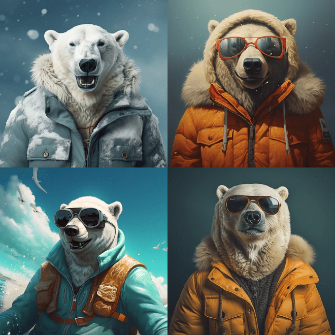 Four MidJourney generated images of smiling polar bears.