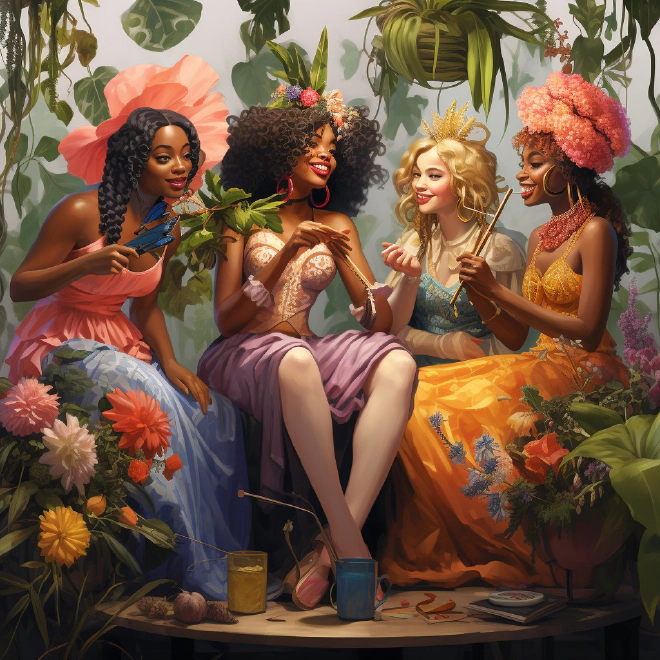A MidJourney generated image of a group of women having fun, sitting in a room full of plants.