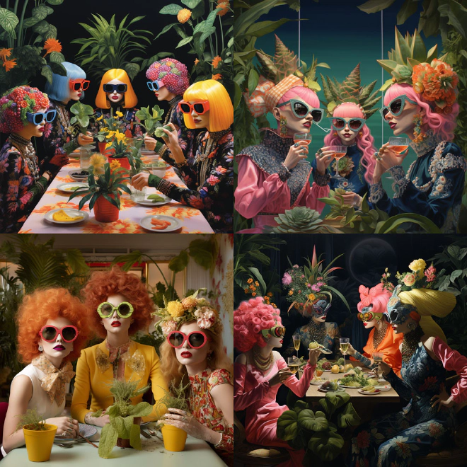 Four MidJourney generated images of pretty white divas in sunglasses, surrounded by plants.