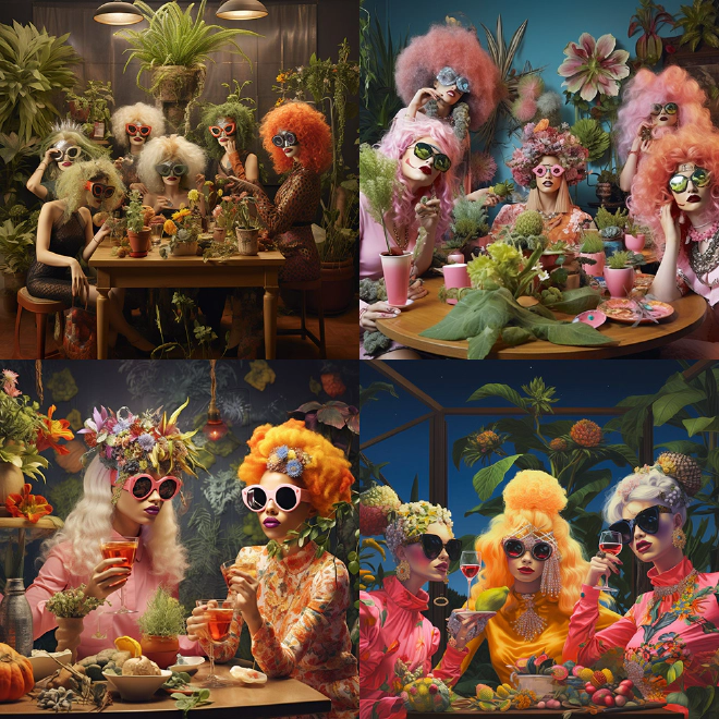 Four MidJourney generated images of pretty white divas in sunglasses, surrounded by plants.