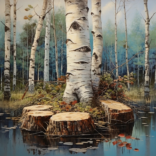 An AI-generated image of birch trees near a pond, with a cluster of stumps in the foreground.