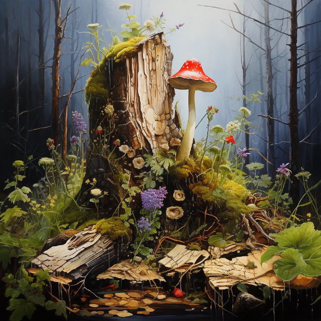 An AI-generated image of a tree stump with a beautiful mushroom in a forest.