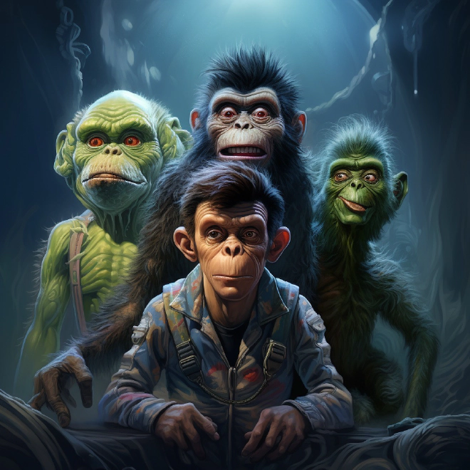 An AI-generated image of four chimp-adjacent creatures.